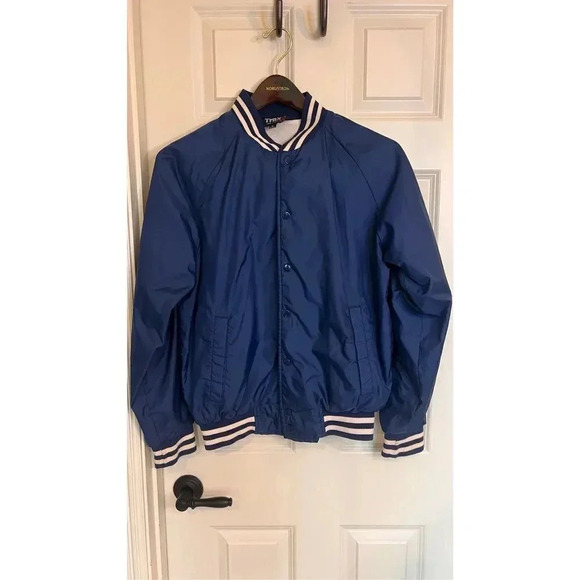 Vintage Trax Men’s Medium Blue White Button Down Varsity Bomber Jacket Quilted - Picture 1 of 11